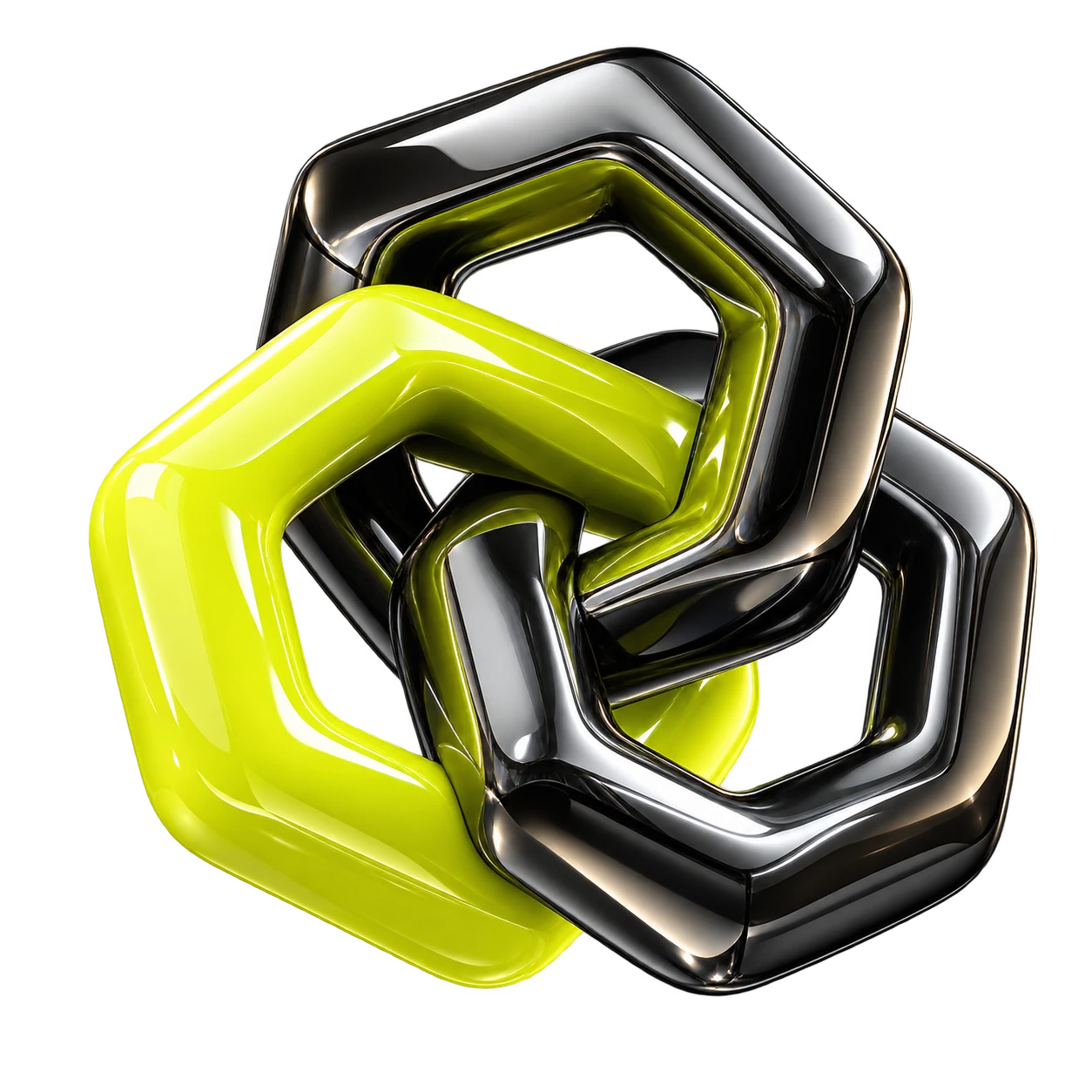 An original sculpture of interlocking black chrome and citron hive forms